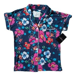 Cuddl Duds PJ Top Blue Floral Button Down Short Sleeve Women's Size XS NWT